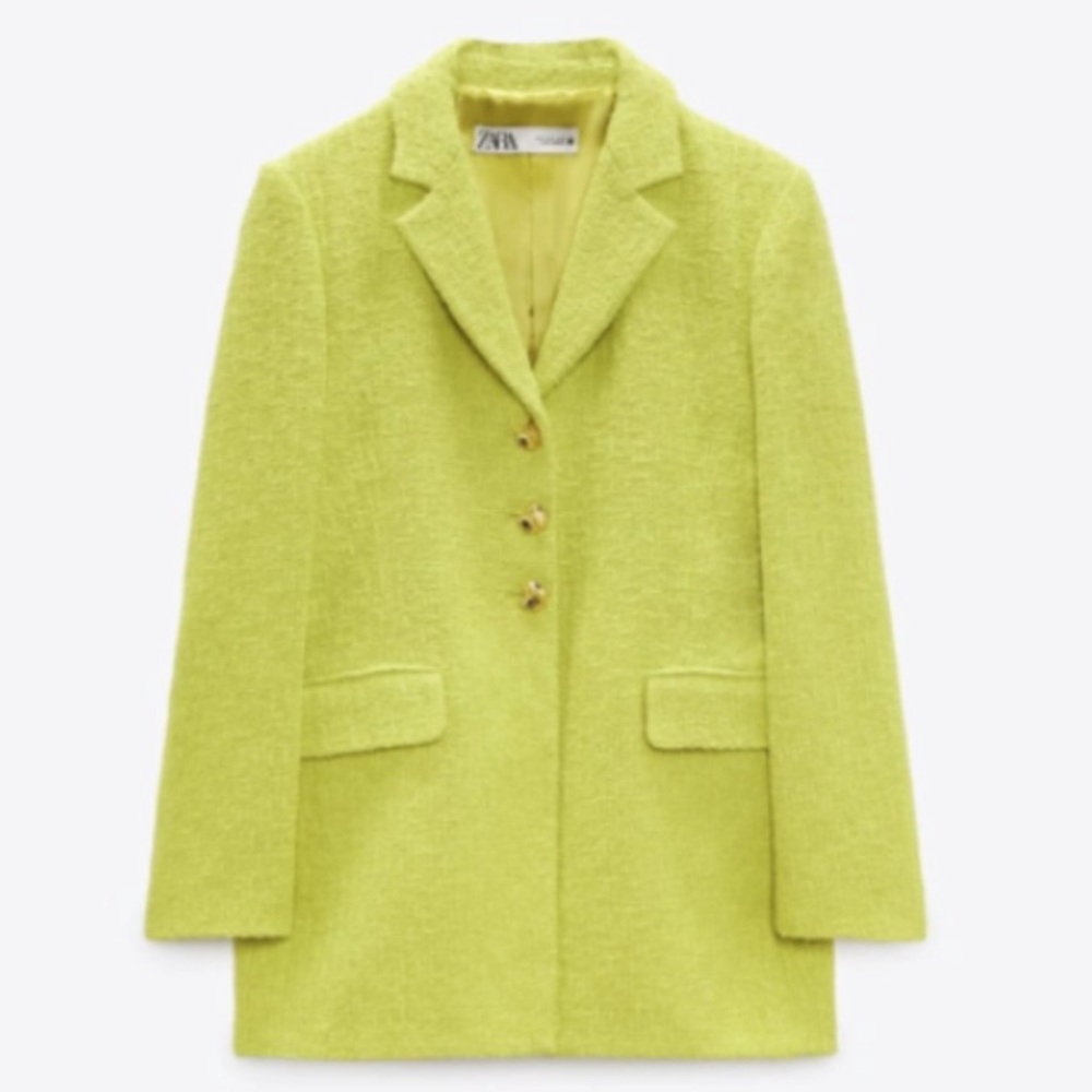 Zara - Lime Green Textured Weave Oversized Long Blazer